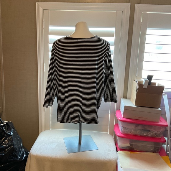 Chaps Black and White Striped Blouse with Lace Neckline - Picture 4 of 7